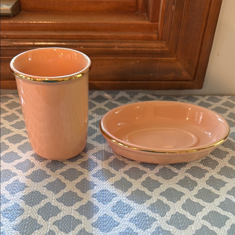 Elegant Peach Ceramic Cup and Soap Set with Gold Trim